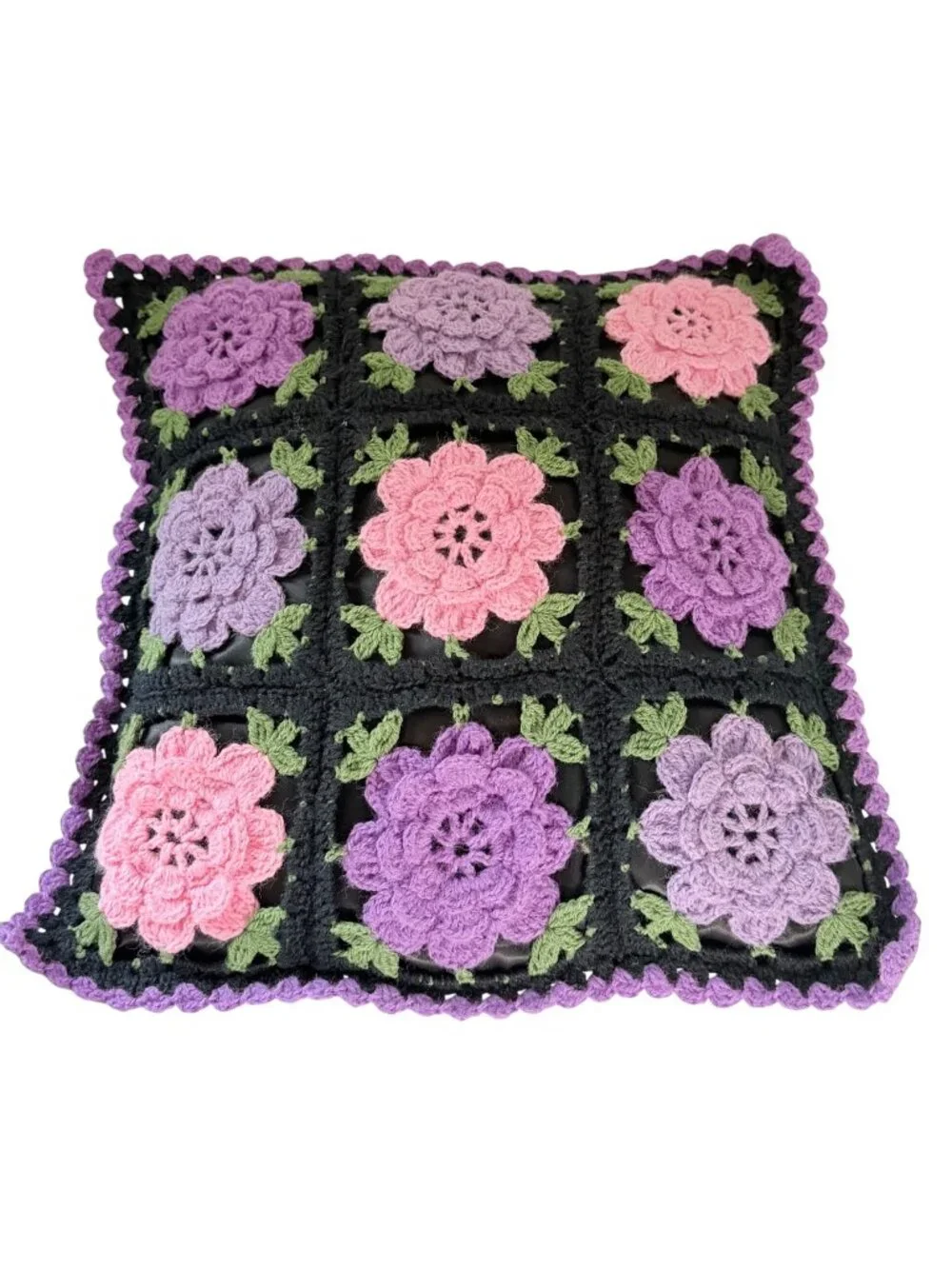 Handmade Crochet 3D Floral Granny Square Throw Pillow Purple Pink Black 16x16